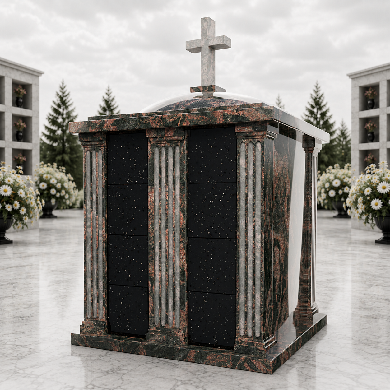 16-Niche Chapel-Style Granite Columbarium with Cross